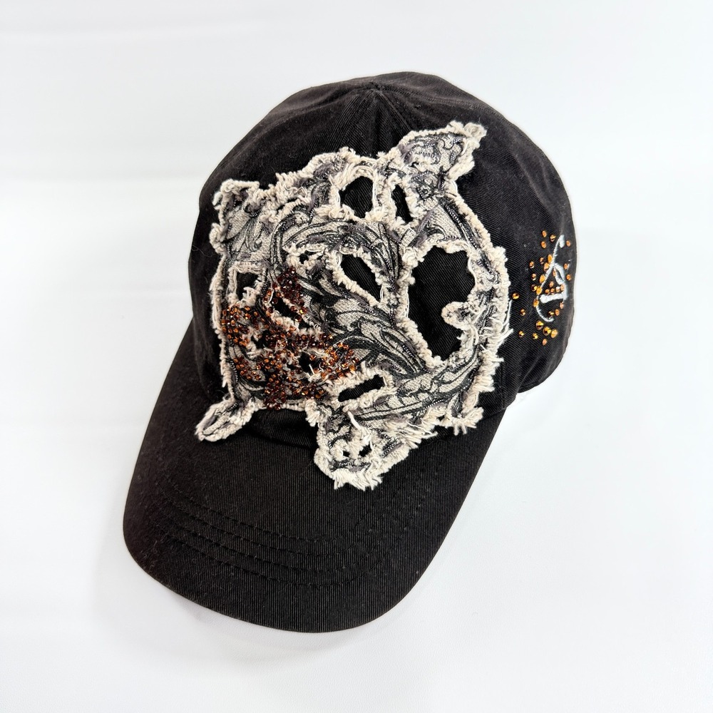 Vintage Y2K Distressed Rhinestone Fleur De Lis Hook And Loop Strapback Hat Black